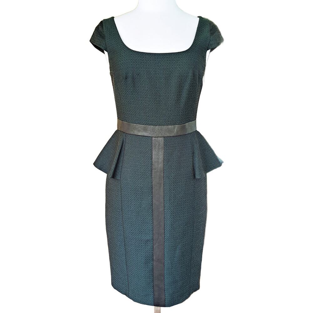 Jay Godfrey Cap Sleeve Peplum Sheath Dress Size 6 Green Black Jacquard